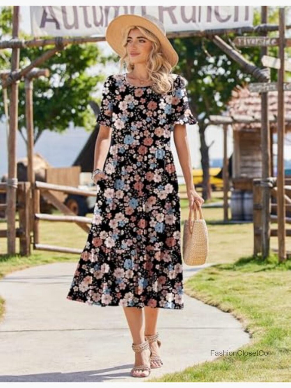 Flowy Midi Sundress with Ruffle Short Sleeves and Pockets - Picture 3 of 7